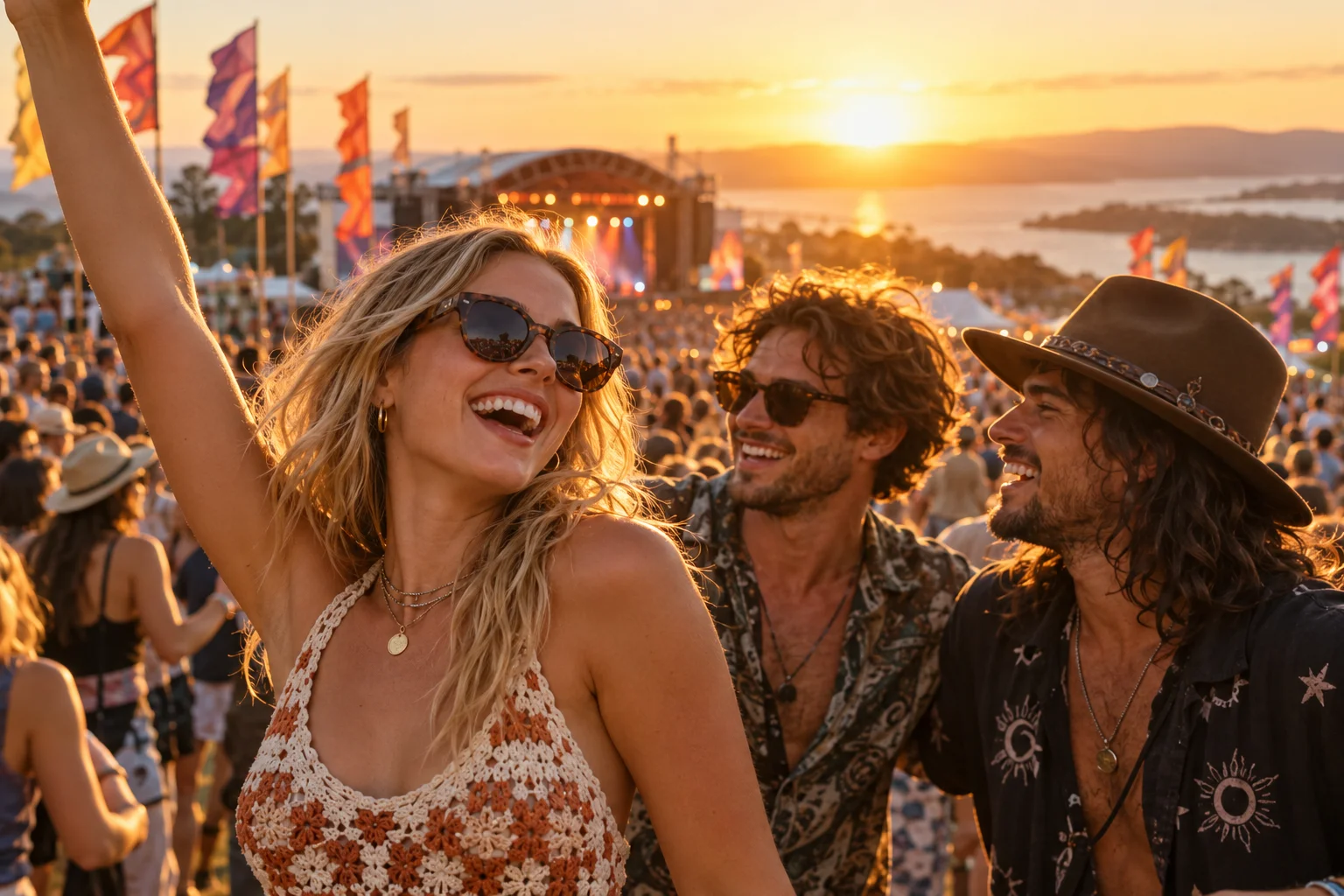 Friends enjoying an outdoor music festival at sunset