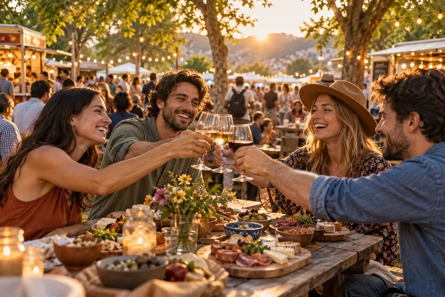 Friends sharing wine at an outdoor food festival at sunset