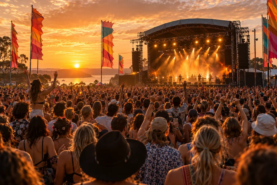 Outdoor festival stage with colourful lighting and a cheering crowd